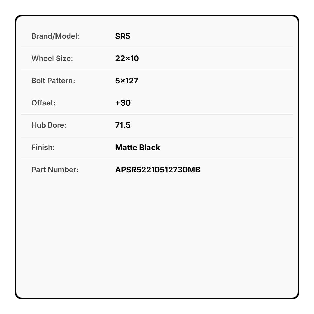 SR5 22x10 5x127 +30 71.5 Matte Black