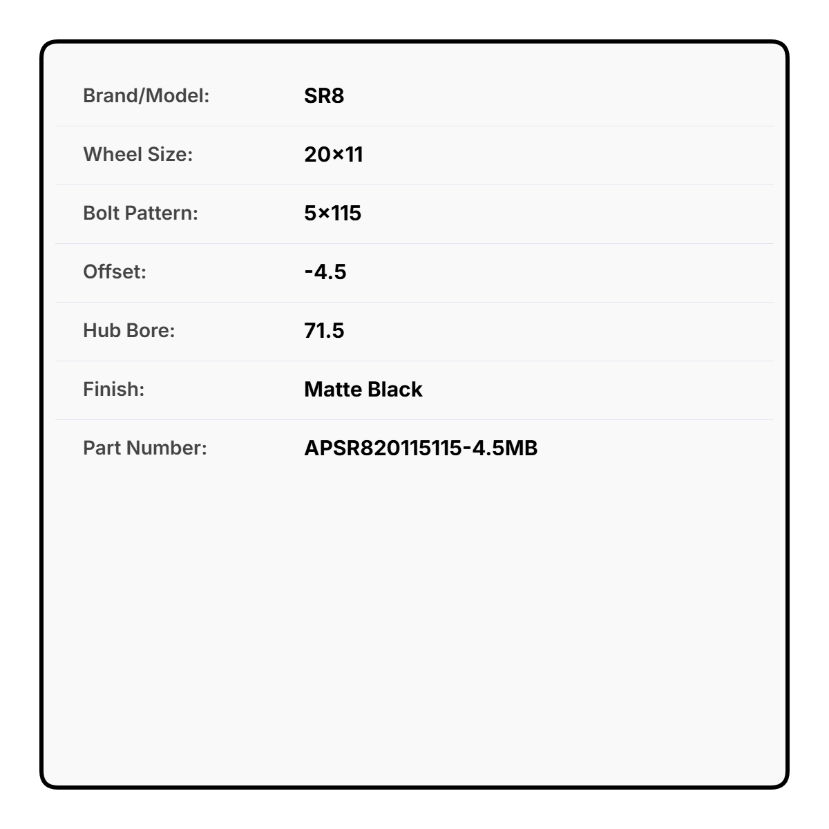 SR8 20x11 5x115 -4.5 CB71.5 Matte Black