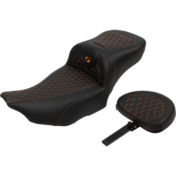 SADDLEMEN Roadsofa™ Extended Reach Seat - with Backrest - Honeycomb - Orange Stitch - FLTR/FLHX '23-'24 823-07-190B3