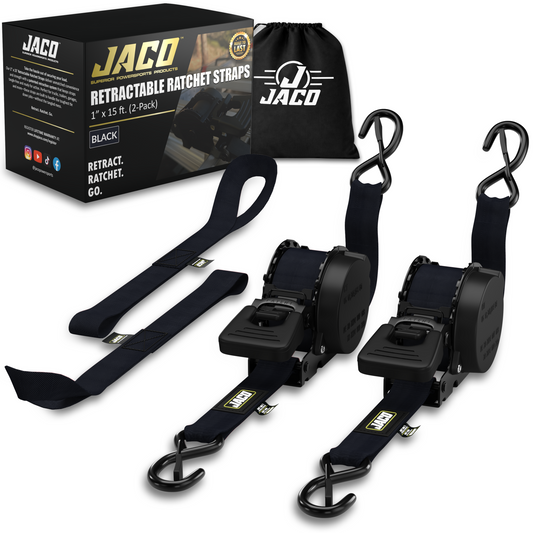 Retractable Ratchet Straps - 1" x 15 ft (1,760 lbs Break Strength) | Auto Self Retracting Cargo Tie Down Strap Set