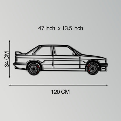 BMW E30 M3 Metal Car Wall Art with Rotating Wheels - Classic M Power Silhouette Decor - Interactive Automotive Wall Art - KAFMEKA100