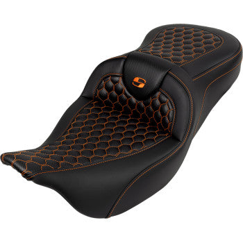 SADDLEMEN RoadSofa™ Seat - Honeycomb - Orange Stitch - without Backrest - FLH/FLT '08-'23 A808-07B-189ORA