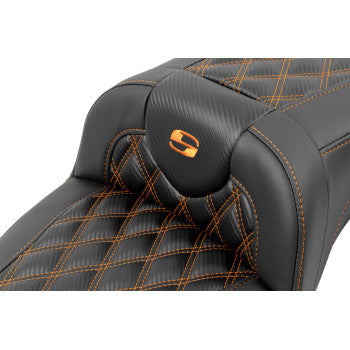 SADDLEMEN Roadsofa™ Extended Reach Seat - with Backrest - Lattice Stitch - Orange Stitch - FLTR/FLHX '23-'24 823-07-207B3