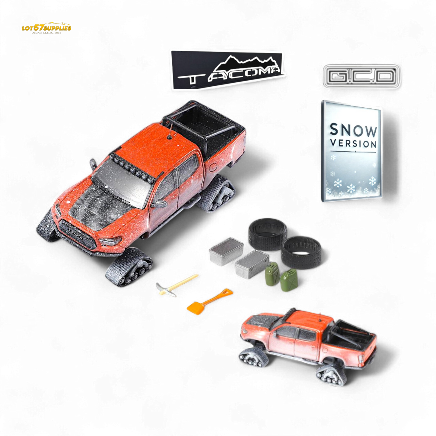 GCD Toyota TACOMA SNOW VERSION in Orange Red - Snow Effect & 3PMSF Tires 1:64