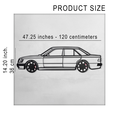 Mercedes W124 Wall Art – Classic Steel Silhouette with Spinning Wheels-KAFMEKA035