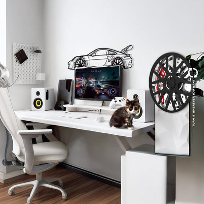Porsche 911 GT Wall Art – Steel Silhouette with Spinning Wheels-KAFMEKA037