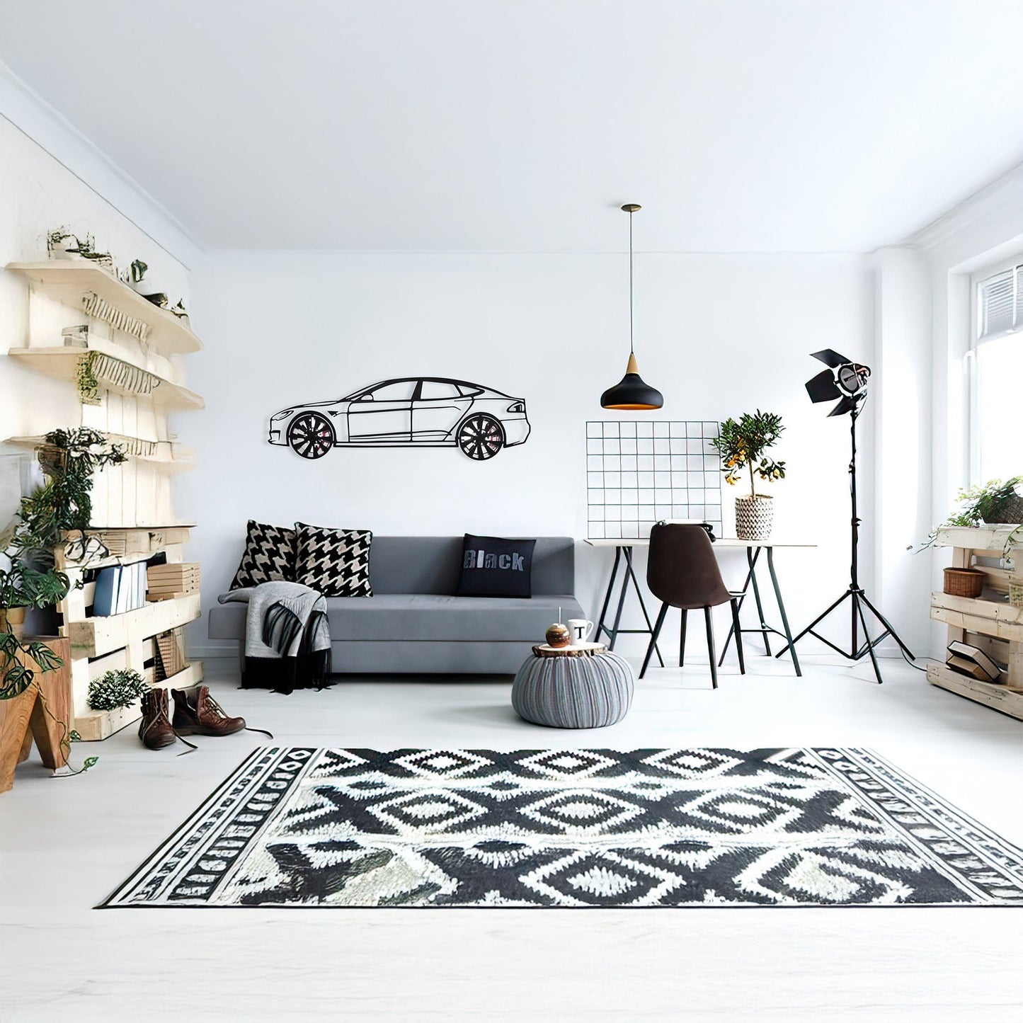 Tesla Model S Wall Art – Electric Car Steel Silhouette with Spinning Wheels-KAFMEKA045