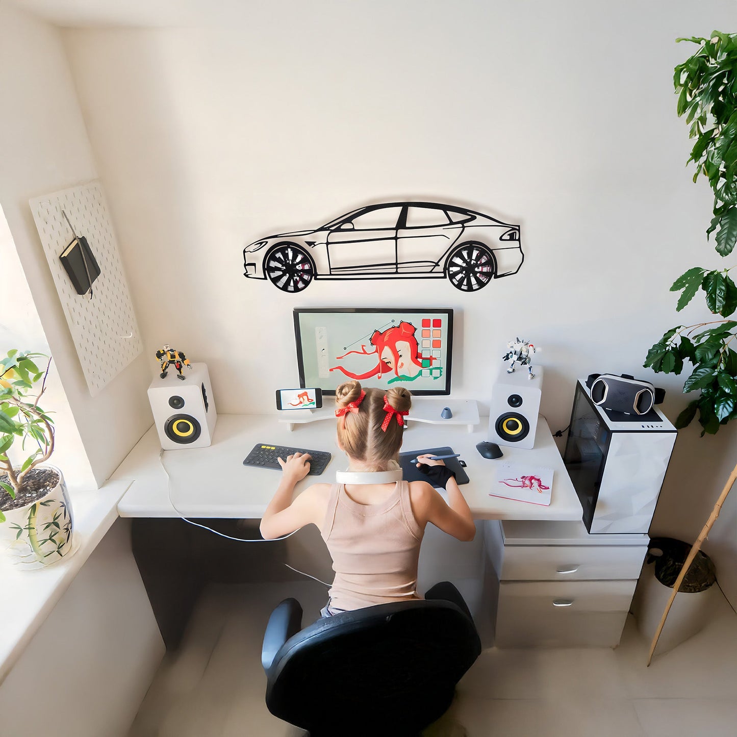 Tesla Model S Wall Art – Electric Car Steel Silhouette with Spinning Wheels-KAFMEKA045