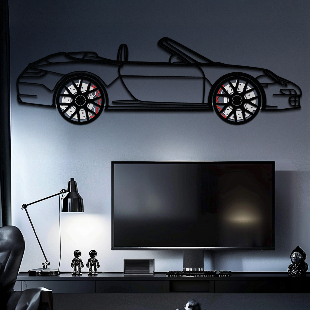 Porsche-Inspired Cabrio Silhouette Metal Wall Art – Rotating Wheel Garage Decor Gift,KAFMEKA055