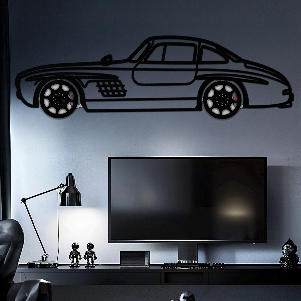 Mercedes 300 SL Metal Wall Art – Classic Gullwing Silhouette with Rotating Wheels ✨🏁KAFMEKA070