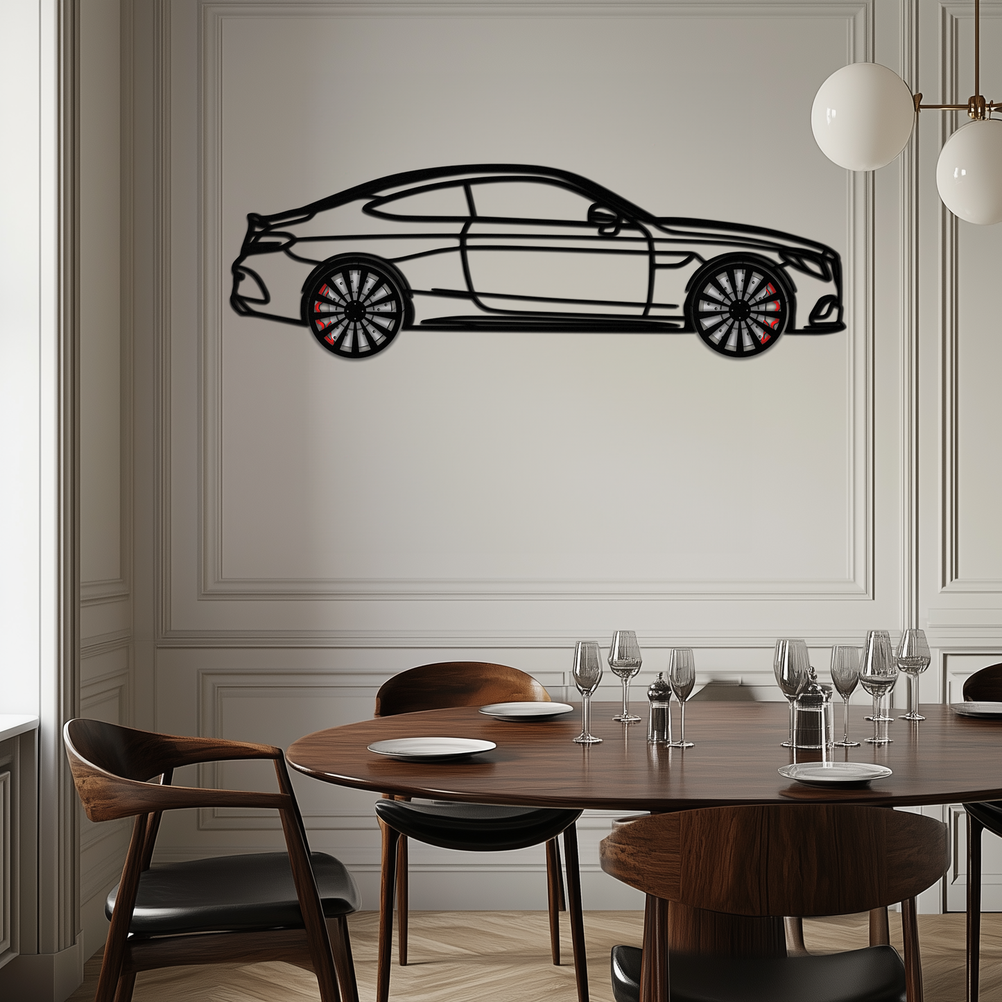 Mercedes C300 Coupe Metal Wall Art – Rotating Wheels Edition – Luxury Car Silhouette Decor for Home, Office & Garage - KAFMEKA074