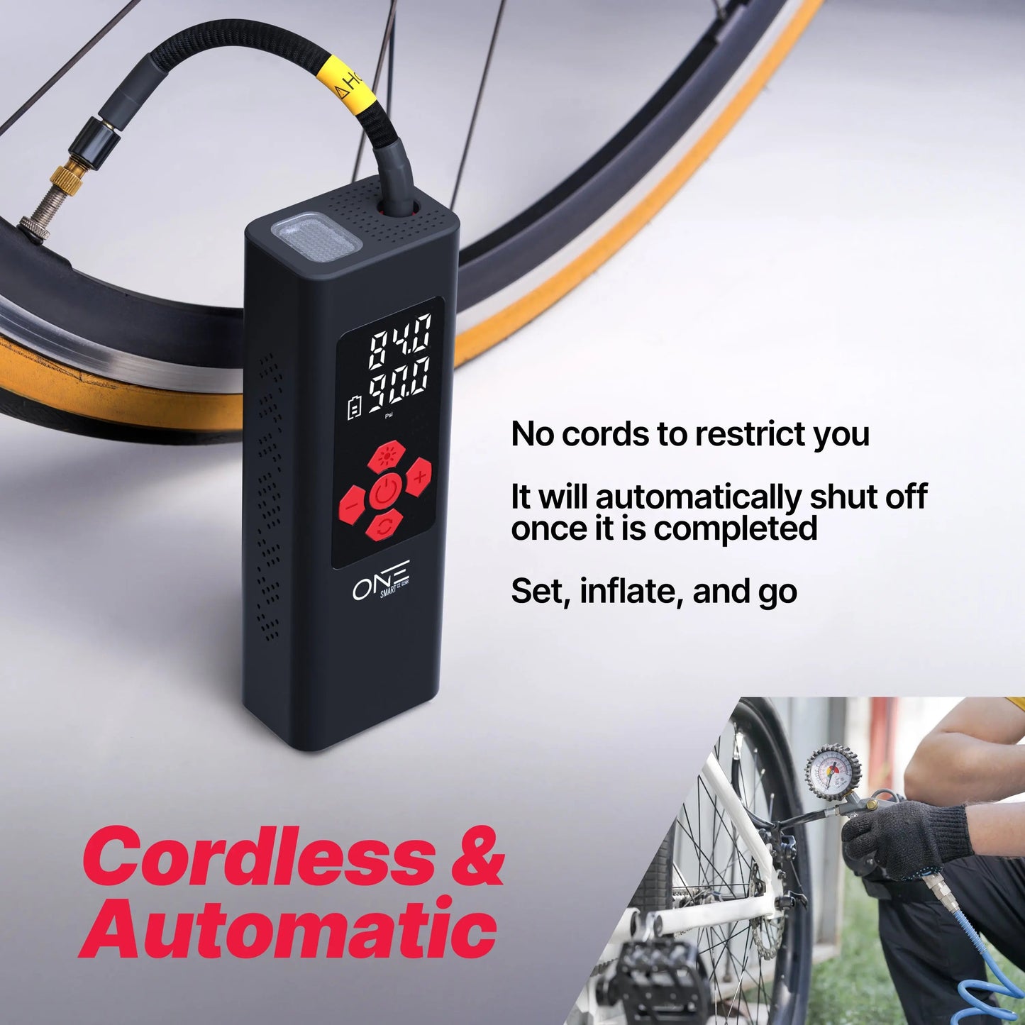 ONE Tire Inflator Portable Air Compressor, 150 PSI Portable Air Pump for Cars, Bikes, Motor Bikes, and Balls, Long Lasting 7800mAh/11.1V battery