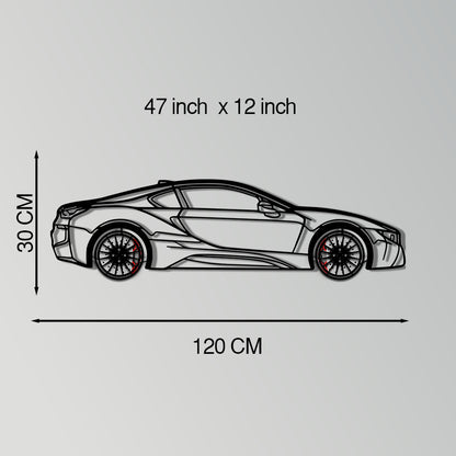 BMW i8 Metal Car Wall Art with Rotating Wheels - Futuristic Hybrid Supercar Silhouette - Interactive Automotive Decor - KAFMEKA106