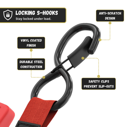 Retractable Ratchet Straps - 1" x 15 ft (1,760 lbs Break Strength) | Auto Self Retracting Cargo Tie Down Strap Set