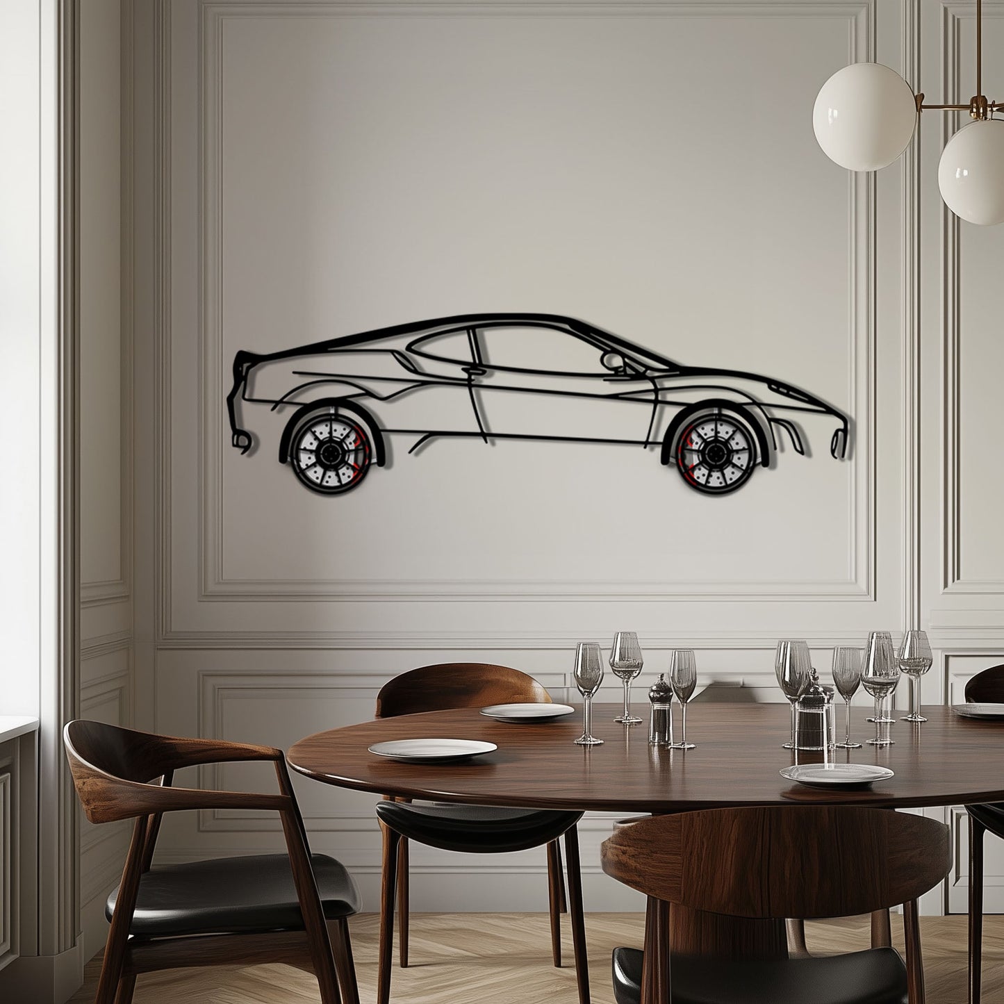 Ferrari F430 Metal Car Wall Art with Rotating Wheels - Italian V8 Supercar Silhouette - Interactive Automotive Wall Decor - KAFMEKA132