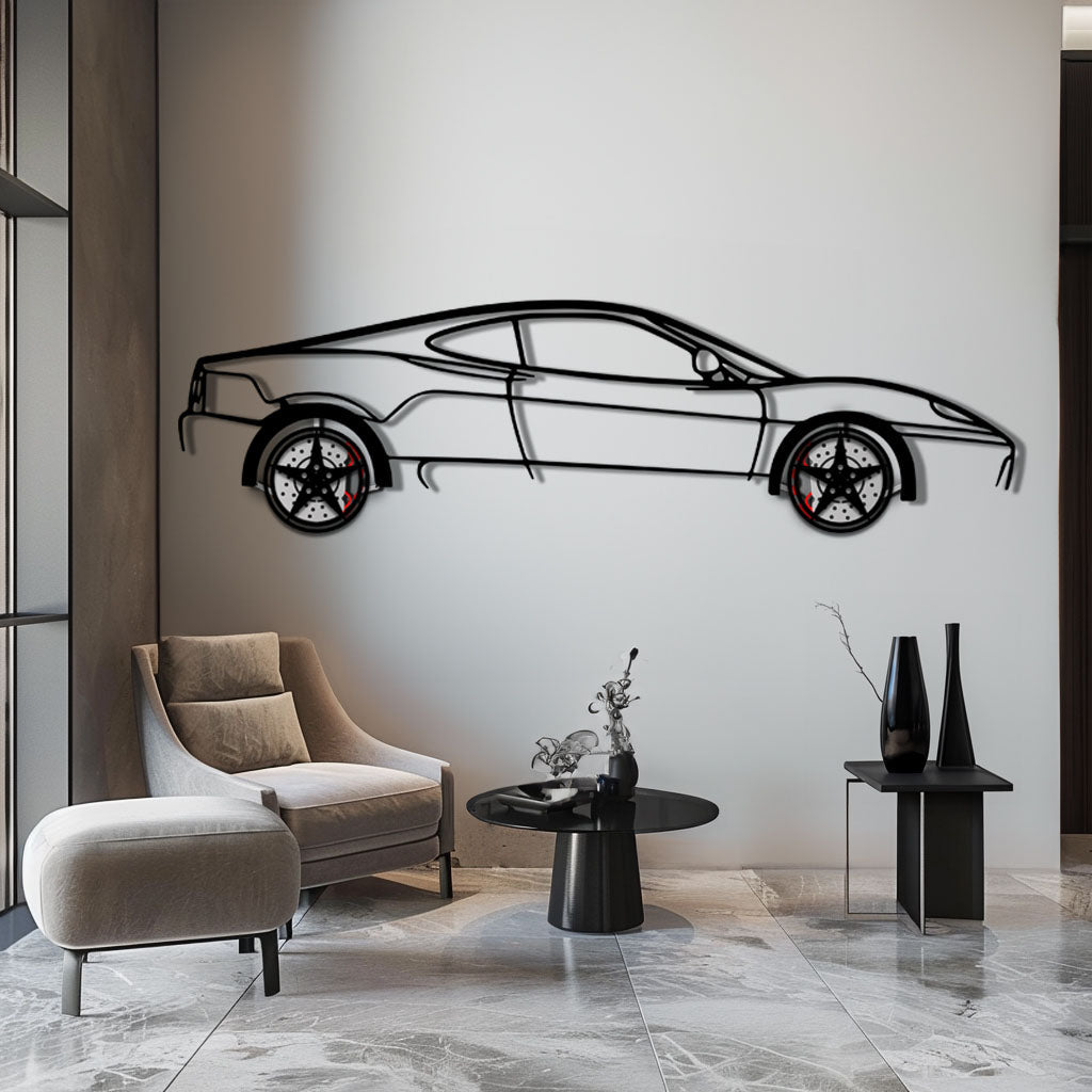 Ferrari 360 Modena Metal Car Wall Art with Rotating Wheels - Italian V8 Supercar Silhouette - Interactive Automotive Decor - KAFMEKA122