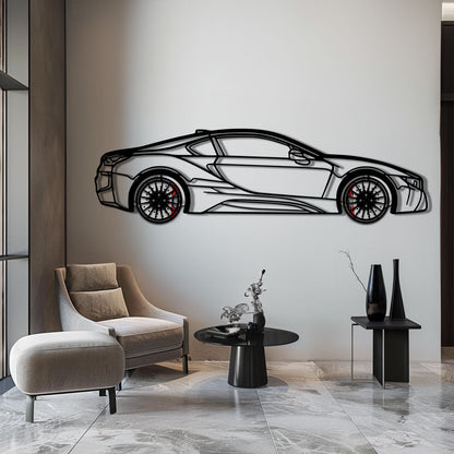 BMW i8 Metal Car Wall Art with Rotating Wheels - Futuristic Hybrid Supercar Silhouette - Interactive Automotive Decor - KAFMEKA106