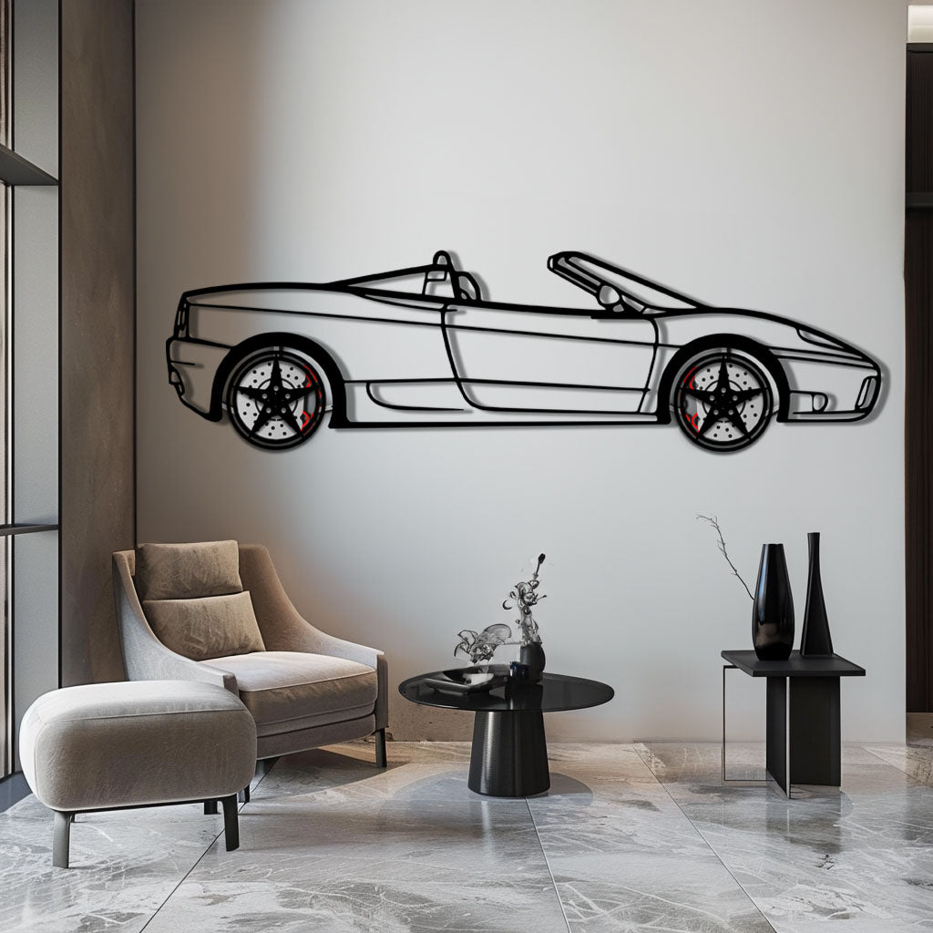 Ferrari 360 Spider Metal Car Wall Art with Rotating Wheels - Italian Convertible Supercar Silhouette - Interactive Automotive Wall Decor - KAFMEKA123