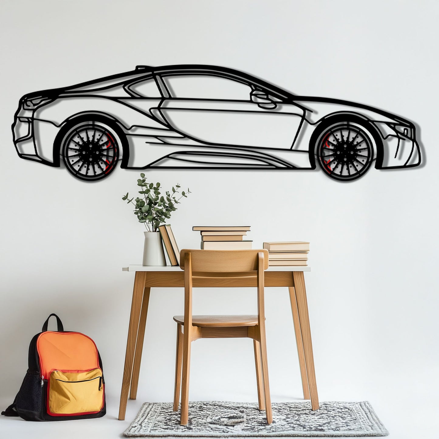 BMW i8 Metal Car Wall Art with Rotating Wheels - Futuristic Hybrid Supercar Silhouette - Interactive Automotive Decor - KAFMEKA106