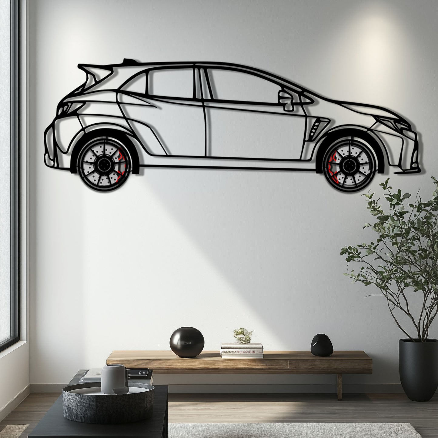 Toyota GR Corolla Metal Car Wall Art with Rotating Wheels - Rally-Inspired Hot Hatch Silhouette - Interactive JDM Automotive Decor - KAFMEKA158