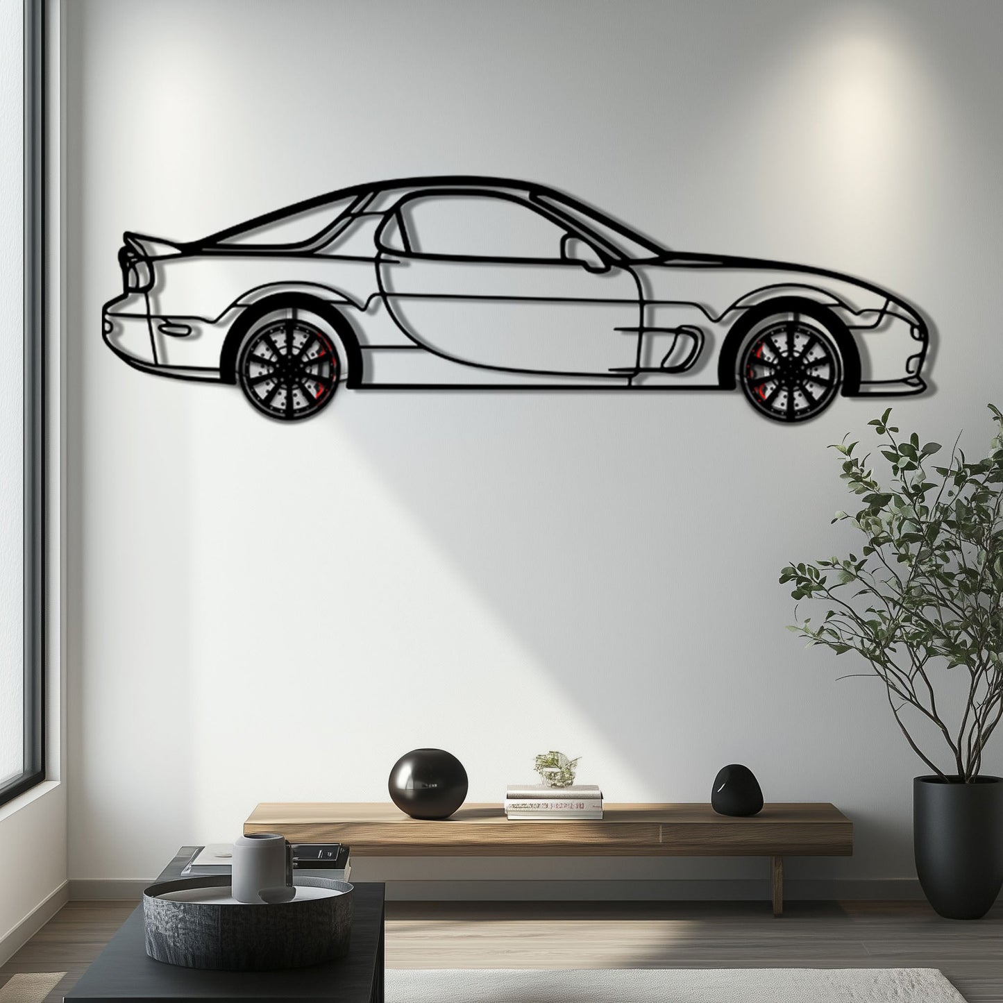 Mazda RX-7 Metal Car Wall Art with Rotating Wheels - FD3S Rotary Legend Silhouette - Interactive Automotive Wall Decor - KAFMEKA147