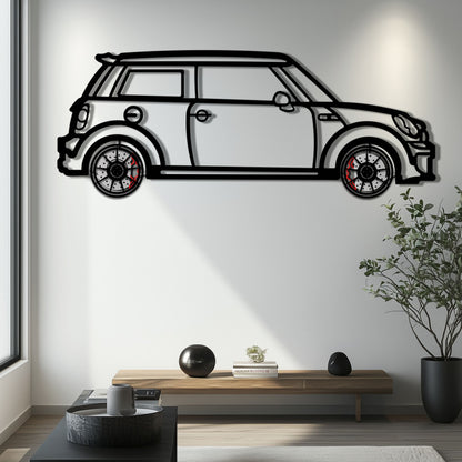 Mini Cooper Metal Car Wall Art with Rotating Wheels - Iconic British Compact Silhouette - Interactive Automotive Wall Decor - KAFMEKA151