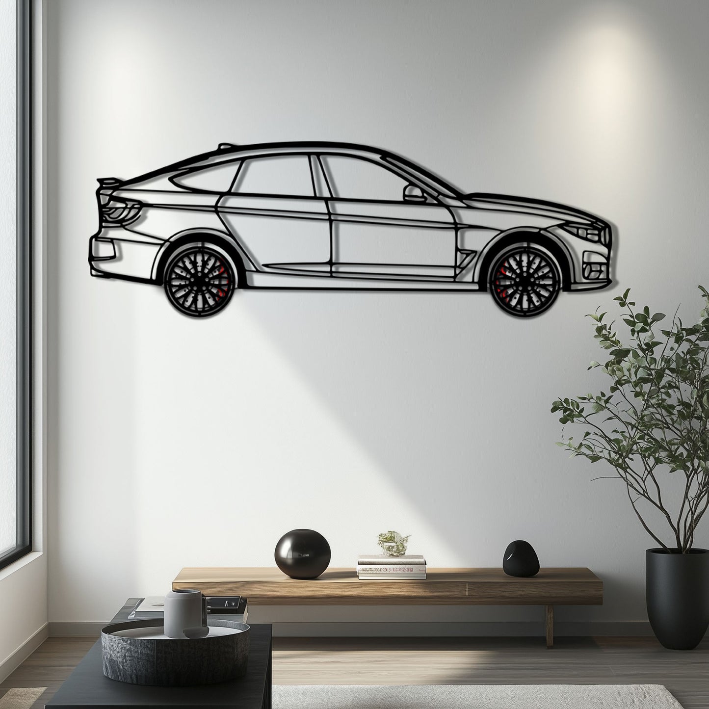 BMW 330 GT F34 Metal Car Wall Art with Rotating Wheels - Gran Turismo Silhouette Decor - Interactive Automotive Wall Art - KAFMEKA103