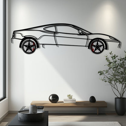 Ferrari 360 Modena Metal Car Wall Art with Rotating Wheels - Italian V8 Supercar Silhouette - Interactive Automotive Decor - KAFMEKA122