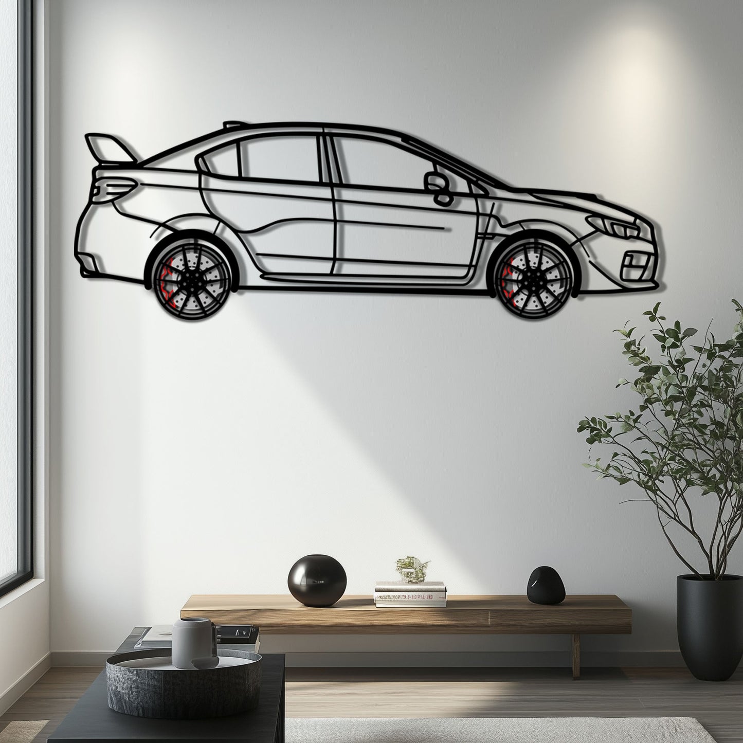 Subaru WRX Metal Car Wall Art with Rotating Wheels - Rally Legend Silhouette - Interactive Automotive Wall Decor - KAFMEKA155