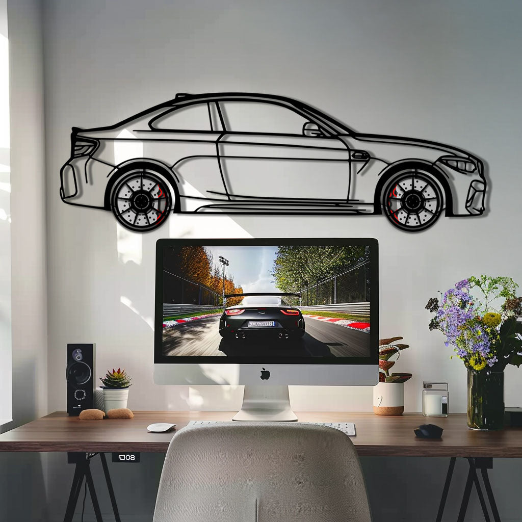 BMW M2 F87 Metal Car Wall Art with Rotating Wheels - M Power Compact Performance Silhouette - Interactive Automotive Decor - KAFMEKA107