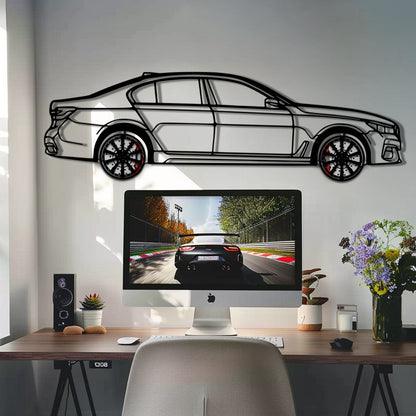 BMW 750i Metal Car Wall Art with Rotating Wheels - Luxury Executive Sedan Silhouette - Interactive Automotive Wall Decor - KAFMEKA104
