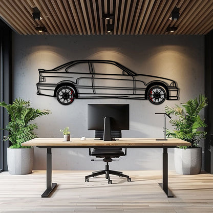 BMW E36 M3 Metal Car Wall Art with Rotating Wheels - 90s Performance Legend Silhouette - Interactive Automotive Wall Decor - KAFMEKA101