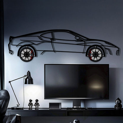 Ferrari F430 Metal Car Wall Art with Rotating Wheels - Italian V8 Supercar Silhouette - Interactive Automotive Wall Decor - KAFMEKA132