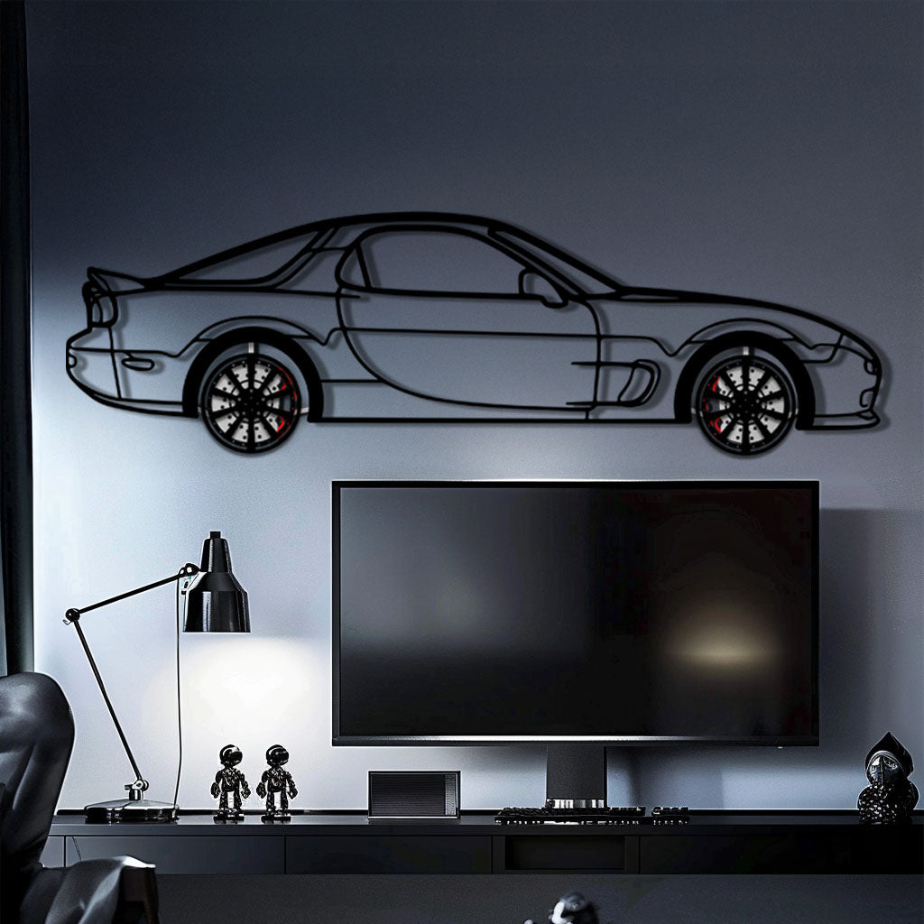 Mazda RX-7 Metal Car Wall Art with Rotating Wheels - FD3S Rotary Legend Silhouette - Interactive Automotive Wall Decor - KAFMEKA147