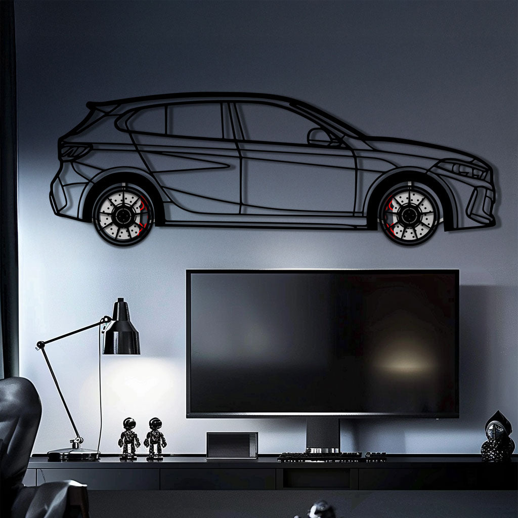 BMW 135i F40 Metal Car Wall Art with Rotating Wheels - M Performance Hatchback Silhouette - Interactive Automotive Decor - KAFMEKA102