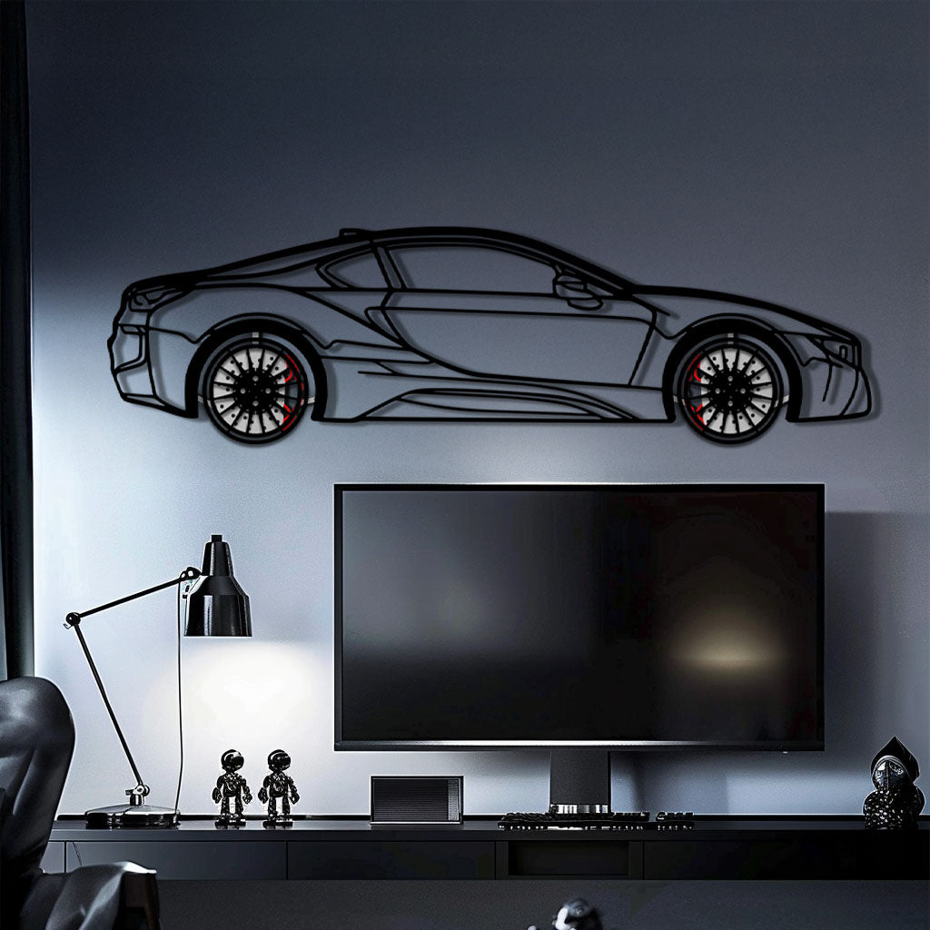 BMW i8 Metal Car Wall Art with Rotating Wheels - Futuristic Hybrid Supercar Silhouette - Interactive Automotive Decor - KAFMEKA106