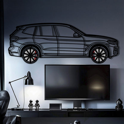 BMW X3 Metal Car Wall Art with Rotating Wheels - Modern SAV Silhouette Decor - Interactive Automotive Wall Art - KAFMEKA110