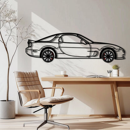 Mazda RX-7 Metal Car Wall Art with Rotating Wheels - FD3S Rotary Legend Silhouette - Interactive Automotive Wall Decor - KAFMEKA147