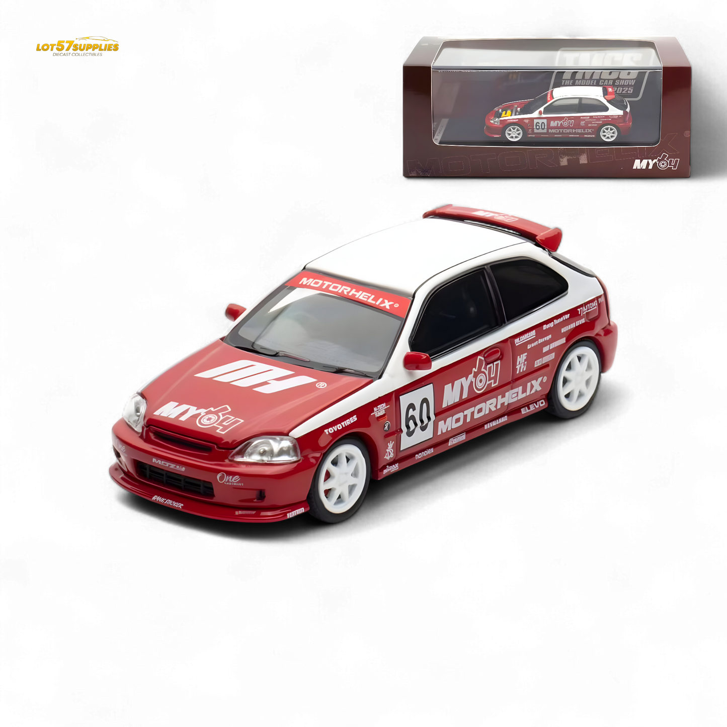 Motorhelix Honda Civic EK9 Malaysia Limited Edition - White - Red 1:64