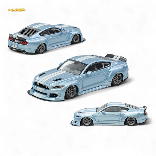 (Pre-Order) Liberty 64 Mustang Lowered Widebody Kit - Ice Blue + White Stripes 1:64