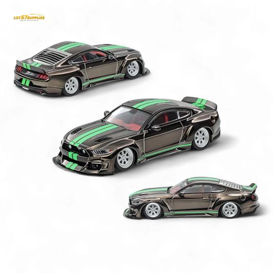 (Pre-Order) Liberty 64 Mustang Lowered Widebody Kit - Chrome Gun Grey + Fluorescent Green Stripes 1:64
