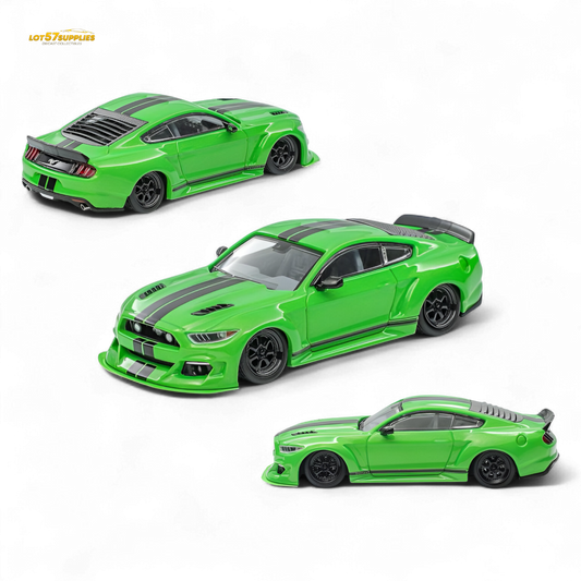 (Pre-Order) Liberty 64 Mustang Lowered Widebody Kit - Fluorescent Metallic Green + Black Stripes 1:64