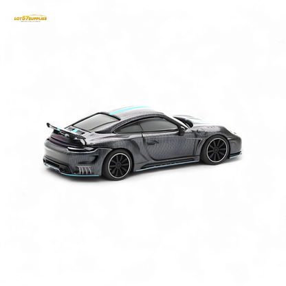 PopRace Porsche 992 Stinger GTR Carbon Edition - Carbon Grey Blue Line 1:64