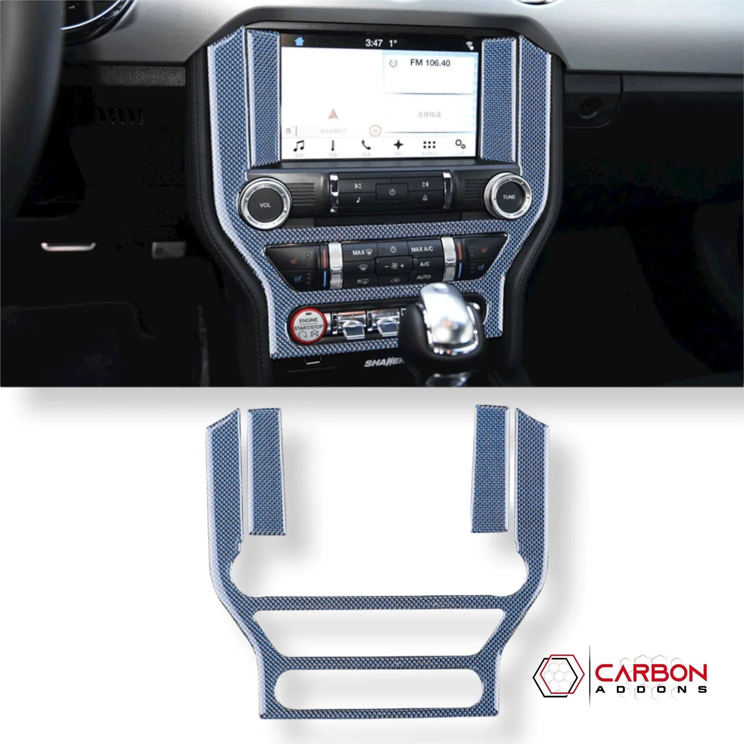Reflective Carbon Fiber Multimedia Radio Trim Overlay for Mustang 2015-2023