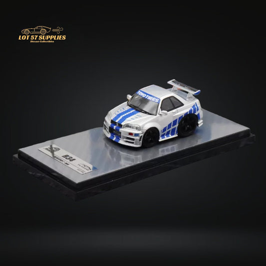 YM model X QCAR Skyline R34 Silver Blue F&F Livery Resin 1:64