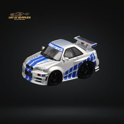 YM model X QCAR Skyline R34 Silver Blue F&F Livery Resin 1:64