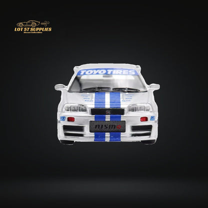 YM model X QCAR Skyline R34 Silver Blue F&F Livery Resin 1:64