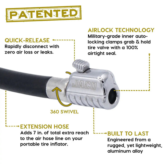 Lightning™ S2X Quick-Connect Locking Tire Inflator Air Chuck Extension | Patented Lock-on Compressor Hose Attachment (Open Flow)
